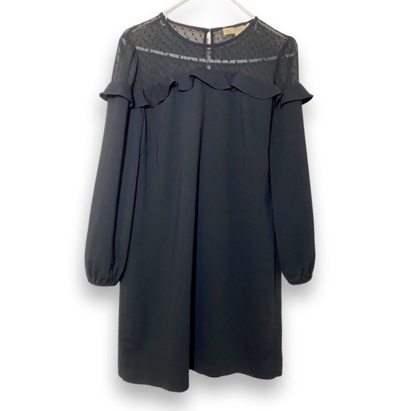 LOFT Long Sleeve A-Line Shift Dress With Sheer Polka Dot Shoulder Detail - Picture 1 of 4